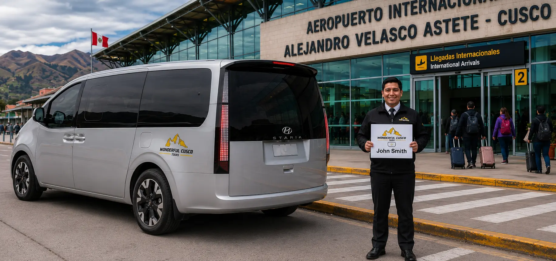 traslados aeropuerto cusco — van privada Wonderful Cusco Tours en puerta de llegadas