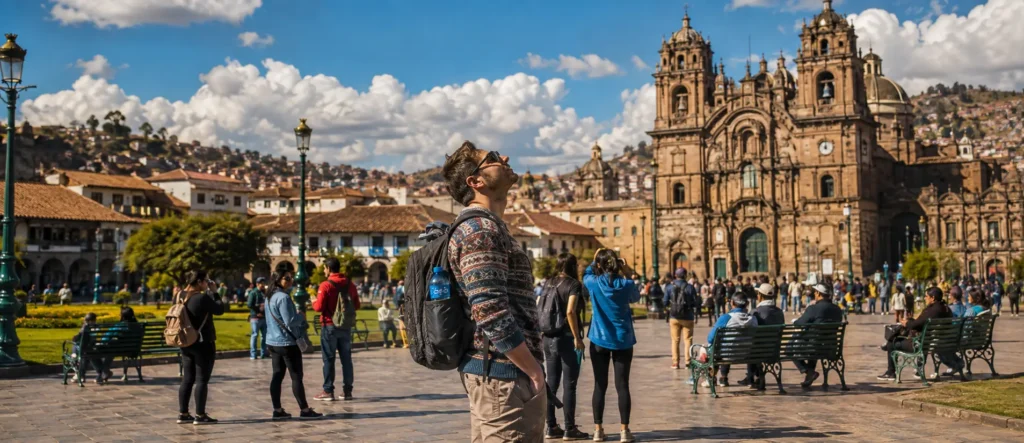Tourists acclimatizing in Cusco’s Plaza de Armas with the historic cathedral and Andean mountain