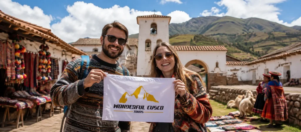 Happy tourists holding a Wonderful Cusco Tours banner in Chinchero, Peru, surrounded by traditional Andean textiles and mountains