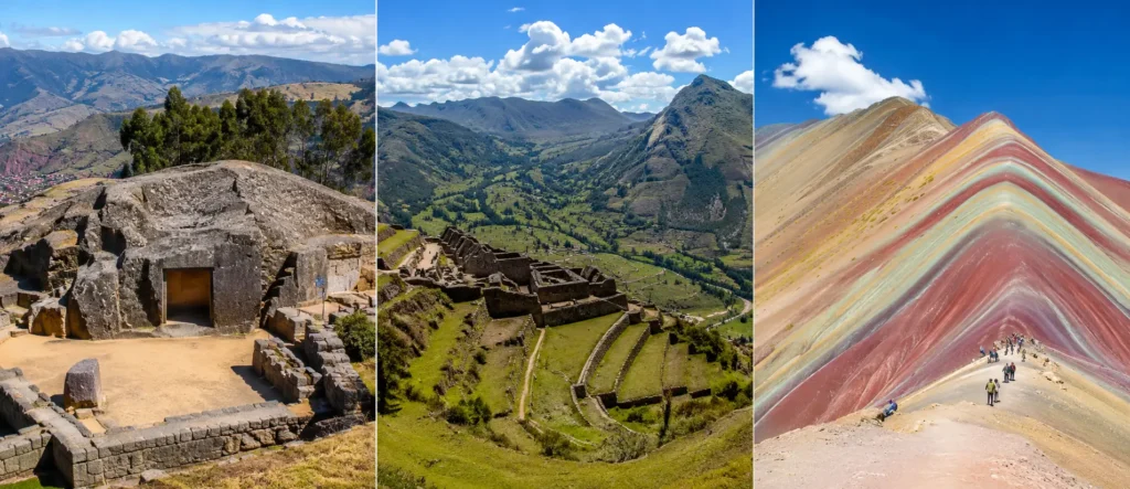 split comparison graphic showing 3-day, 5-day, and 7-day Cusco itineraries